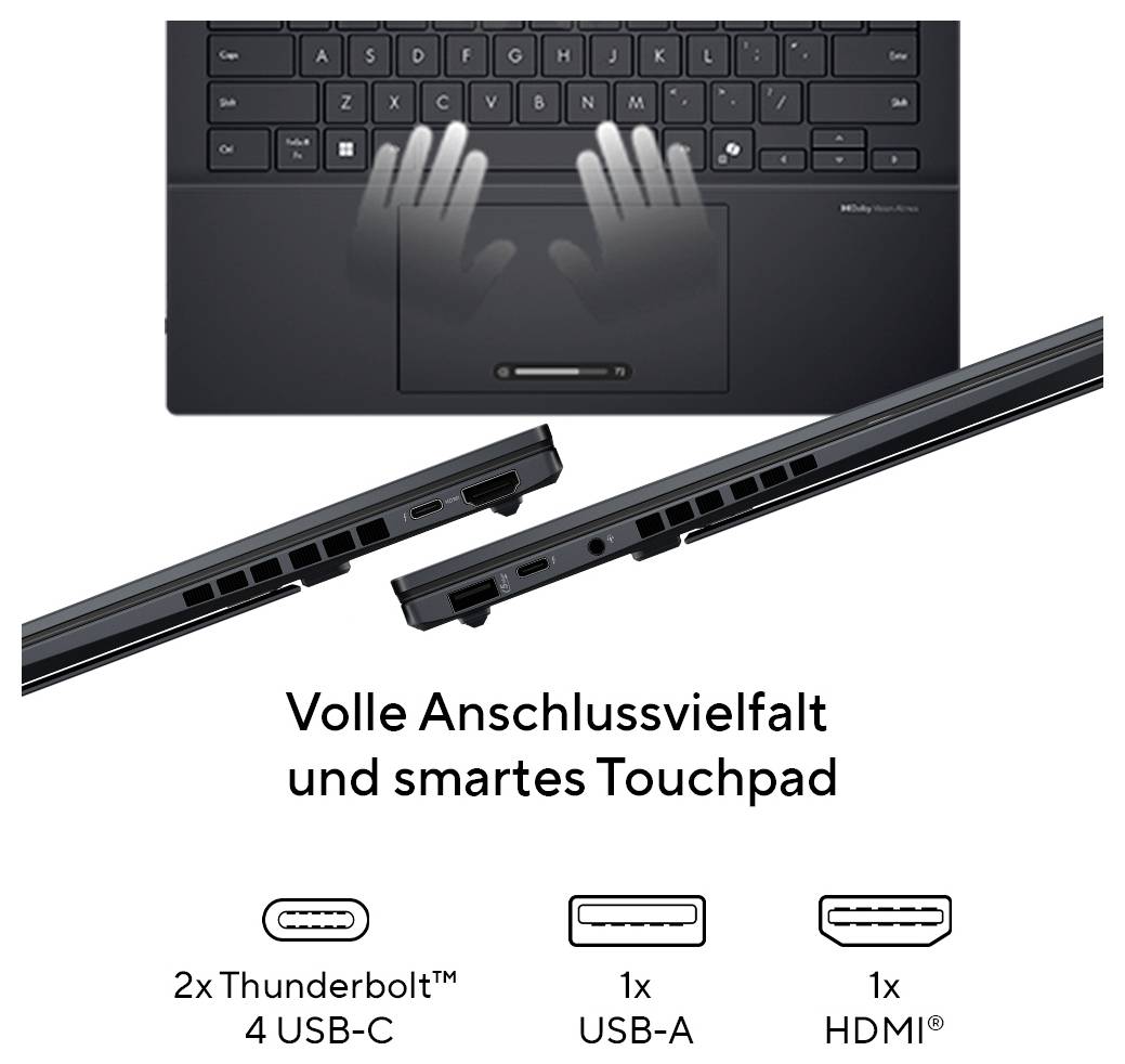Ein kleiner schwarzer Computer mit strukturierter Oberseite. Die Frontplatte hat zwei USB-Anschlüsse, einen USB-C-Anschluss, eine Kopfhörerbuchse und einen Stromschalter. Markenlogo auf der Oberseite.