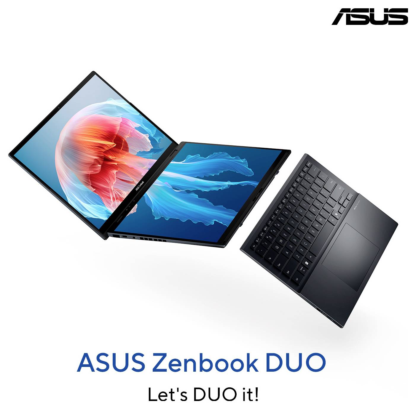 ASUS Zenbook DUO Laptop mit zwei Bildschirmen, einer horizontal geöffnet, der andere angewinkelt. Text: 'Let's DUO it!'