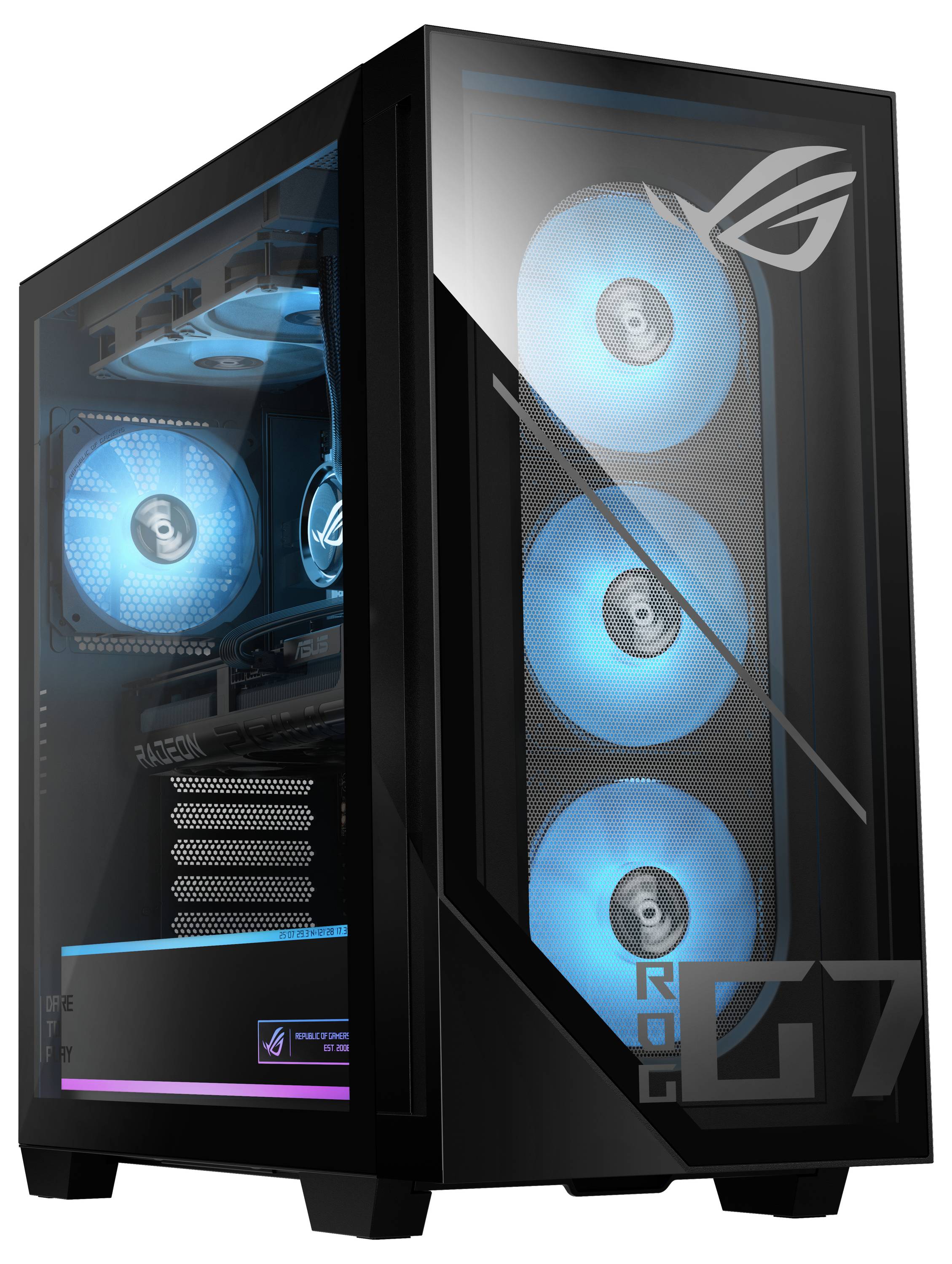 Ein schwarzer Gaming-PC-Tower mit blauen LED-Lüftern und einer gehärteten Glasseitenwand, die die inneren Komponenten zeigt. Die Vorderseite zeigt ein geometrisches Logo.