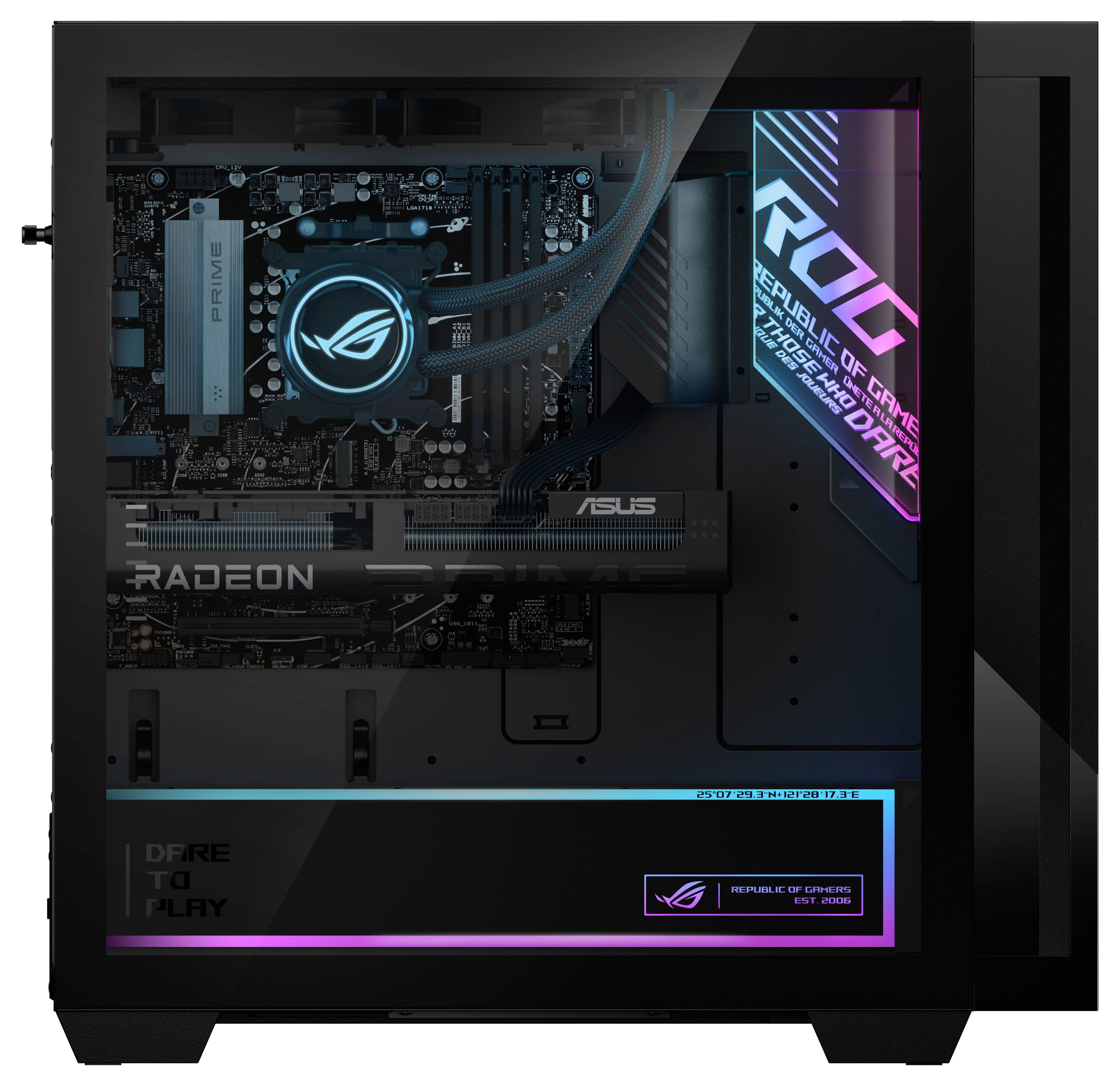 Ein Gaming-PC mit sichtbaren Komponenten durch ein transparentes Seitenpanel, einschließlich eines ROG-Motherboards und einer Radeon-Grafikkarte, beleuchtet mit RGB-Beleuchtung.