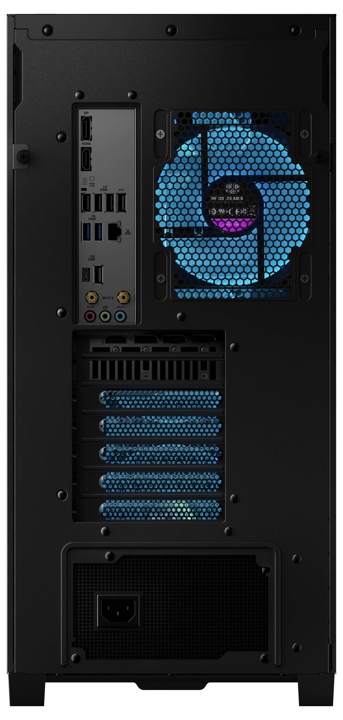 Rückansicht eines schwarzen Computer-Towers mit verschiedenen Anschlüssen, Kühlventilator und Stromversorgungseinheit.