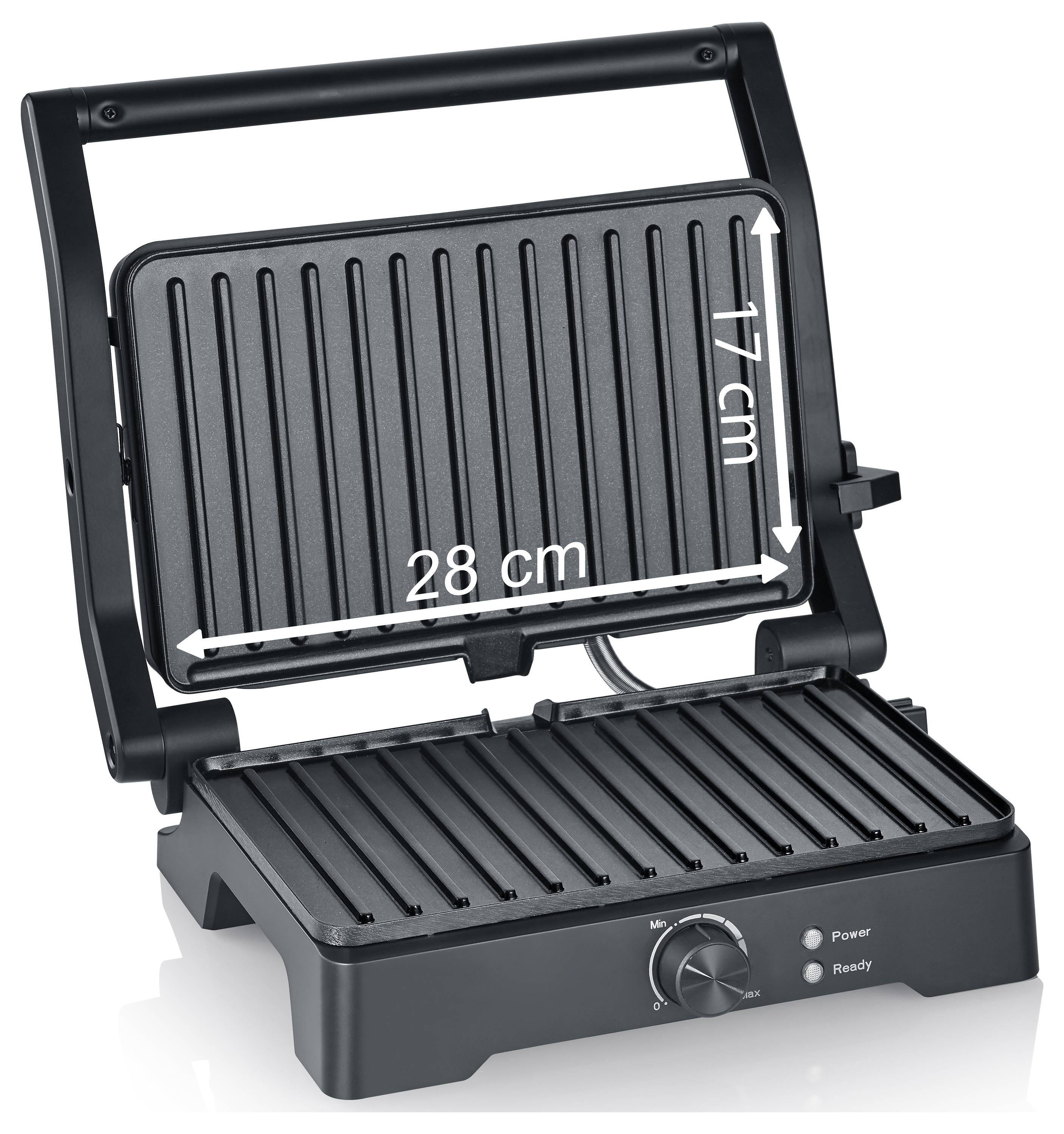Offenes Sandwich-Grill mit gerippter Oberfläche, 28 cm breit und 17 cm hoch; mit Wählschalter und Kontrollleuchten auf der Vorderseite.