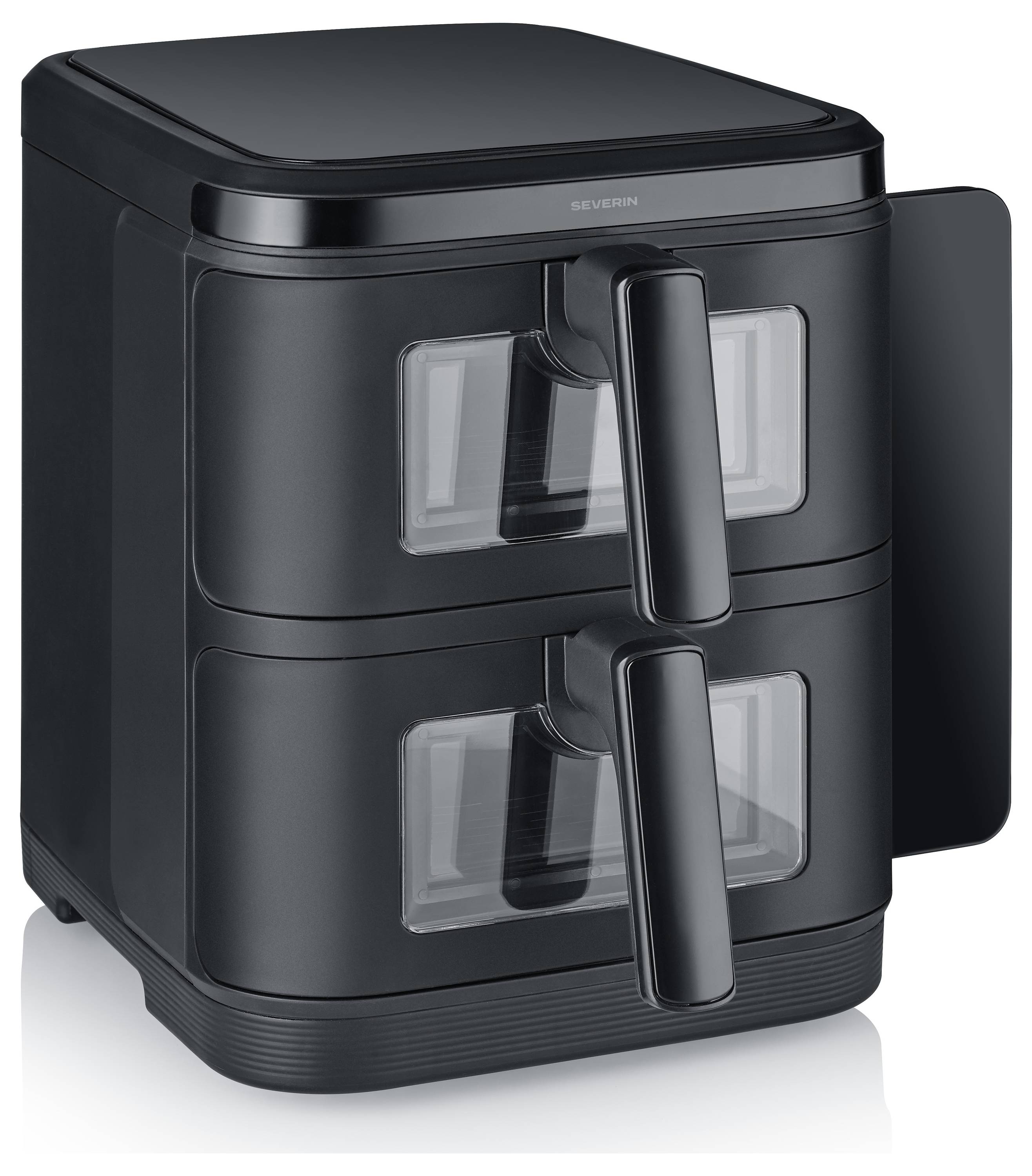 Ein eleganter, schwarzer Doppelkorb-Heißluftfriteuse mit zwei vorne öffnenden Fächern und seitlichen Griffen zum gleichzeitigen Garen mehrerer Lebensmittel.