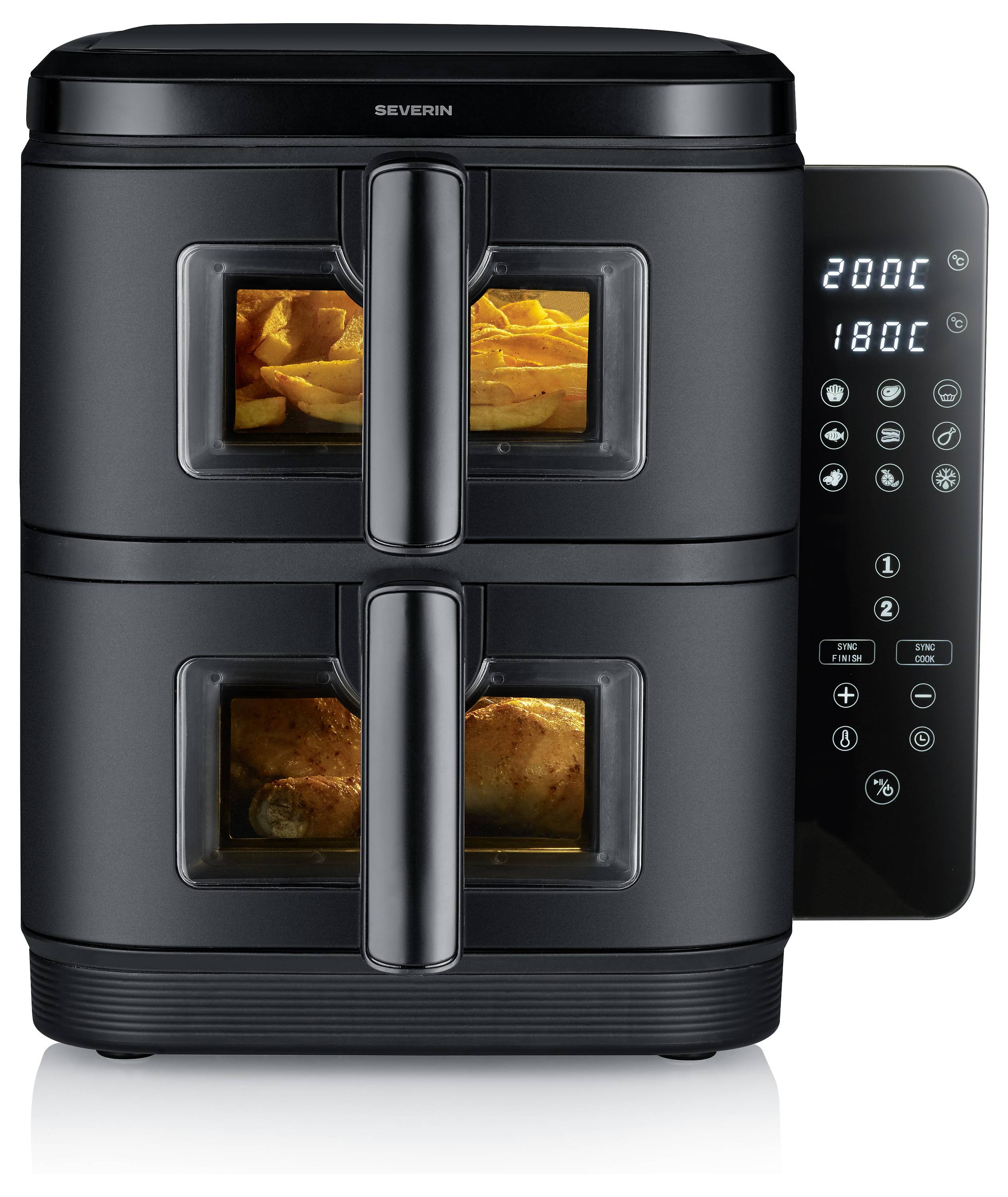 Luftfriteuse mit zwei Kammern und digitalen Bedienelementen, die Temperatureinstellungen von 200°C und 180°C anzeigt. Die obere Kammer enthält Pommes frites; die untere Kammer Hähnchen.