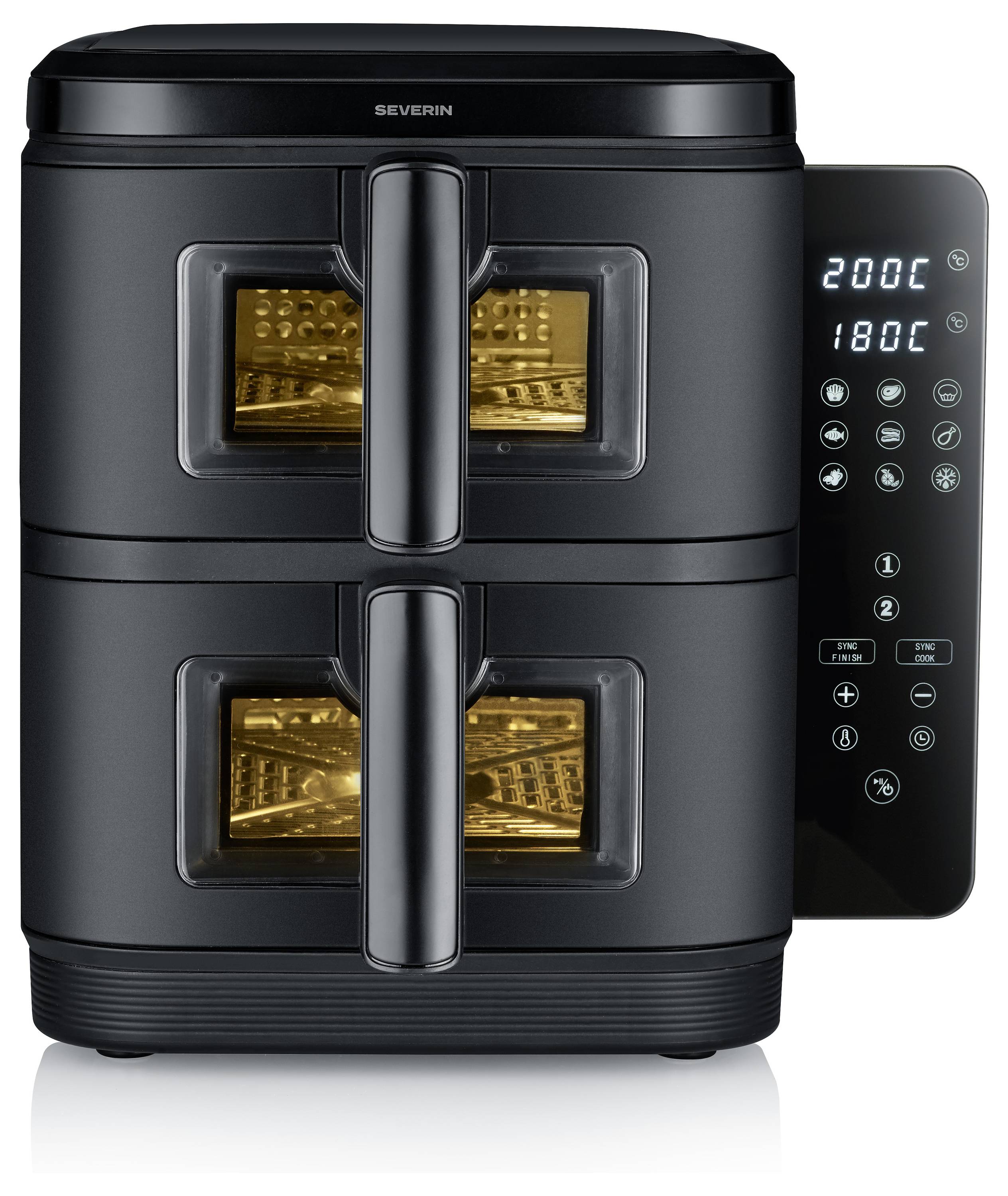 Ein schwarzer Doppelkammer-Heißluftfriteuse mit digitalem Touchscreen-Display, das Temperaturen von 