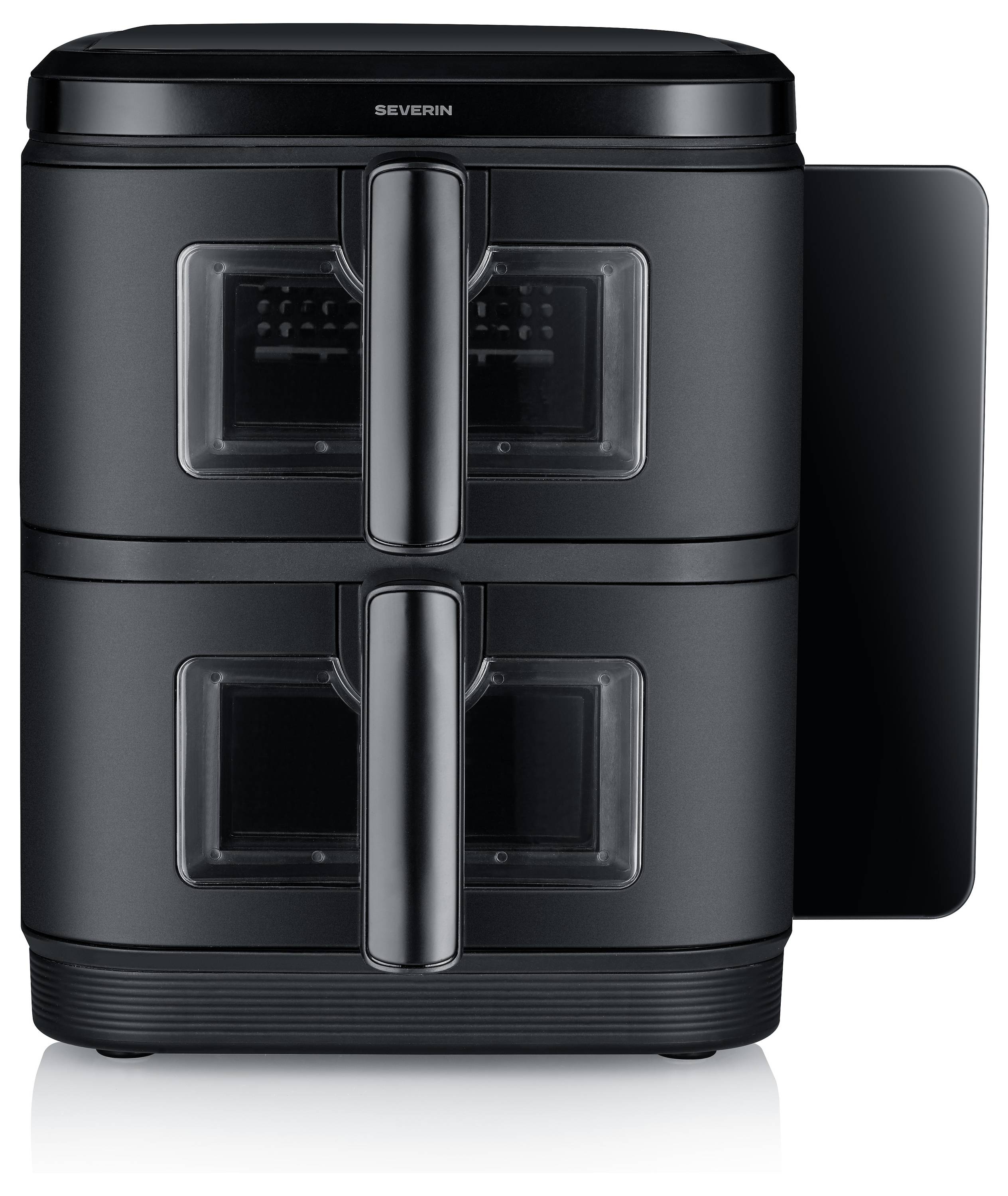 „Doppelkammer-Heißluftfritteuse mit Pommes Frites im oberen Behälter und einem Hähnchenstück im unteren Behälter. Beide garen.