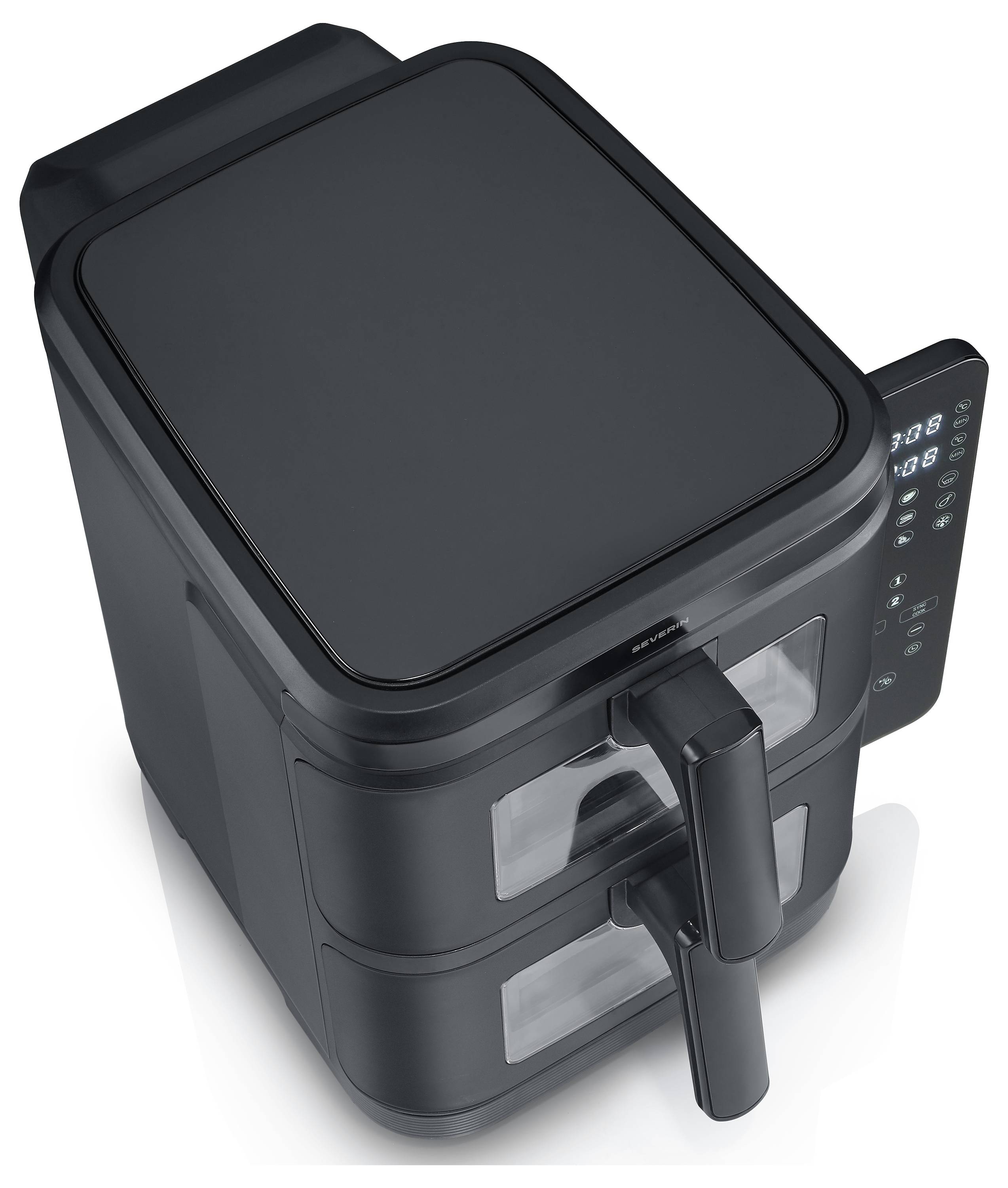 Ein Doppelkorb-Heißluftfriteuse mit Bedienfeld auf der rechten Seite, mit elegantem schwarzem Design, geeignet zum gleichzeitigen Garen.