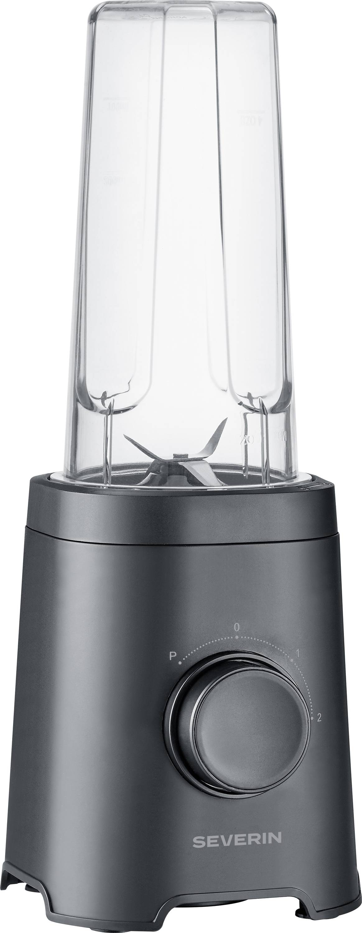 Ein schlanker, grauer Mixer mit einem hohen, durchsichtigen Kunststoffbehälter und einem großen Drehregler auf der Basis zur Geschwindigkeitsregelung, mit der Marke 