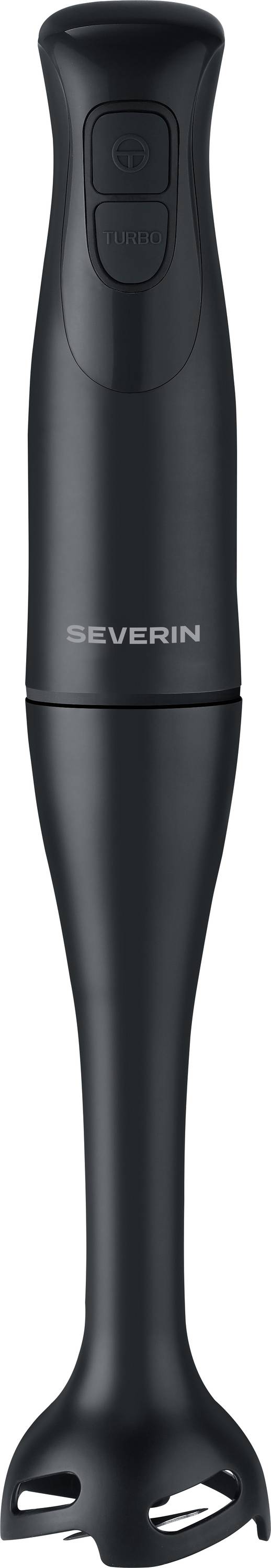 Ein schwarzer tragbarer Stabmixer mit ergonomischem Design und zwei Tasten am Griff mit der Aufschrift „SEVERIN