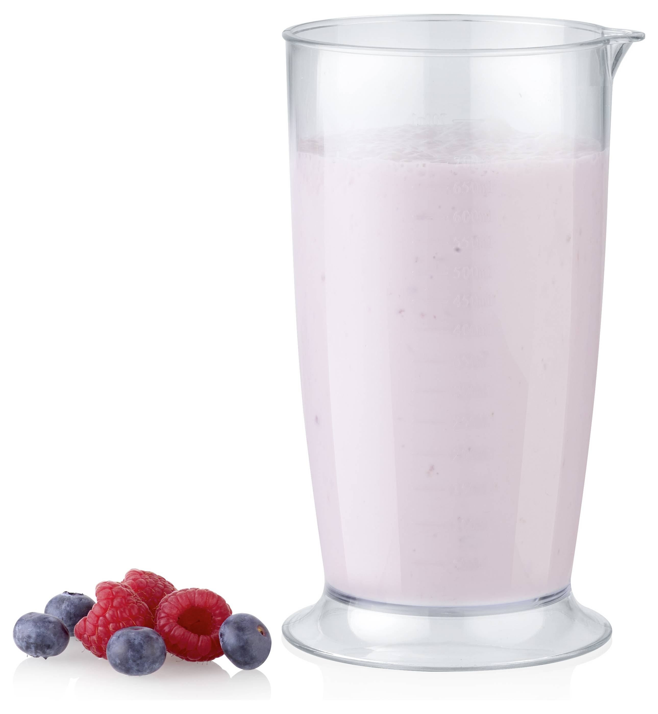 Ein hohes Glas mit rosafarbenem Beerensmoothi neben einer Gruppe von frischen Blaubeeren und Himbeeren.