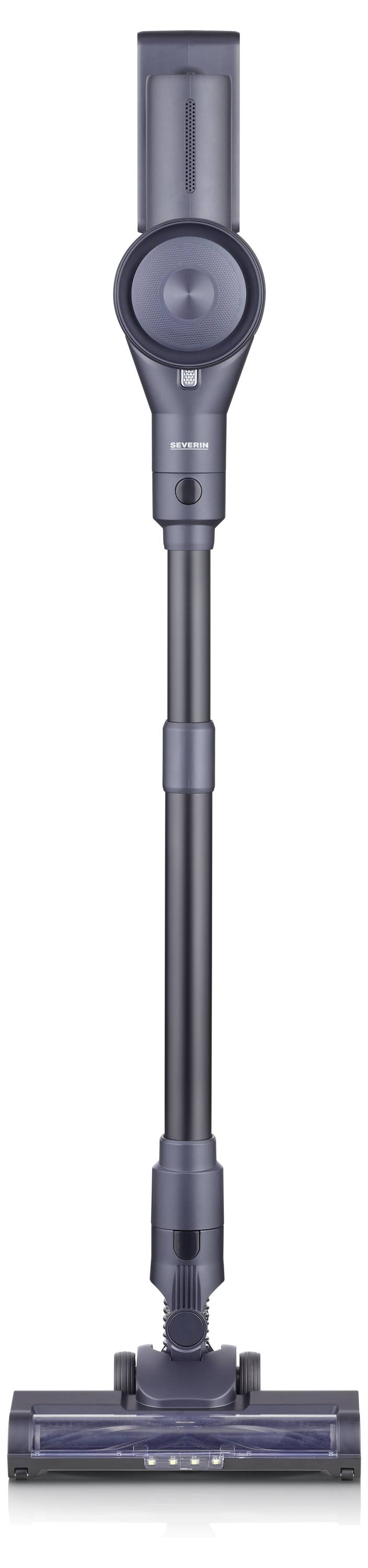 Ein kabelloses Stabstaubsauger mit schlankem Design, aufrecht und einsatzbereit.
