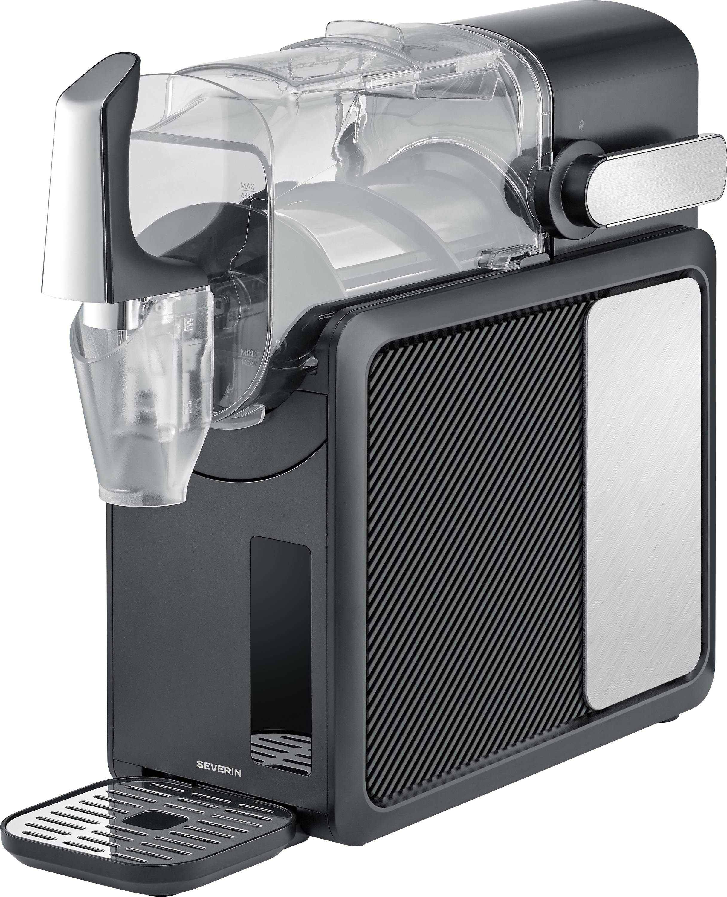 Eine schlanke, schwarze Espressomaschine mit durchsichtigem Wassertank oben und einem Tassenablagebereich unten.