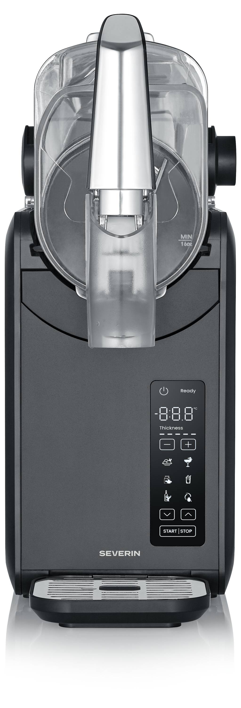 Ein eleganter, moderner Eismaschine mit einem digitalen Display-Panel an der Vorderseite und einem transparenten Deckel, entworfen für den Hausgebrauch.