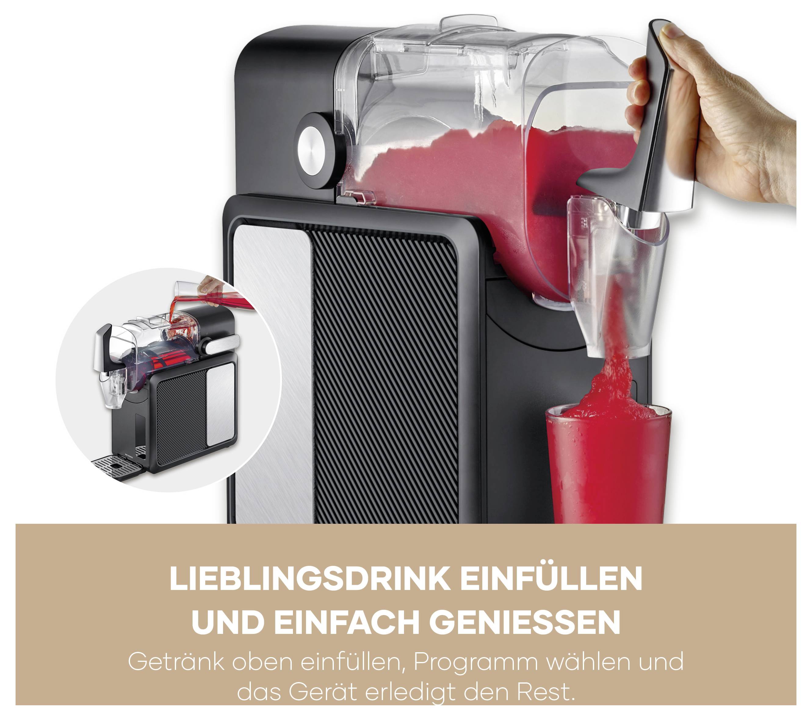 Getränk wird oben in eine Kaltgetränkmaschine eingefüllt und in ein Becher ausgegeben; Text: 'LIEBLINGSDRINK EINFÜLLEN UND EINFACH GENIESSEN'.