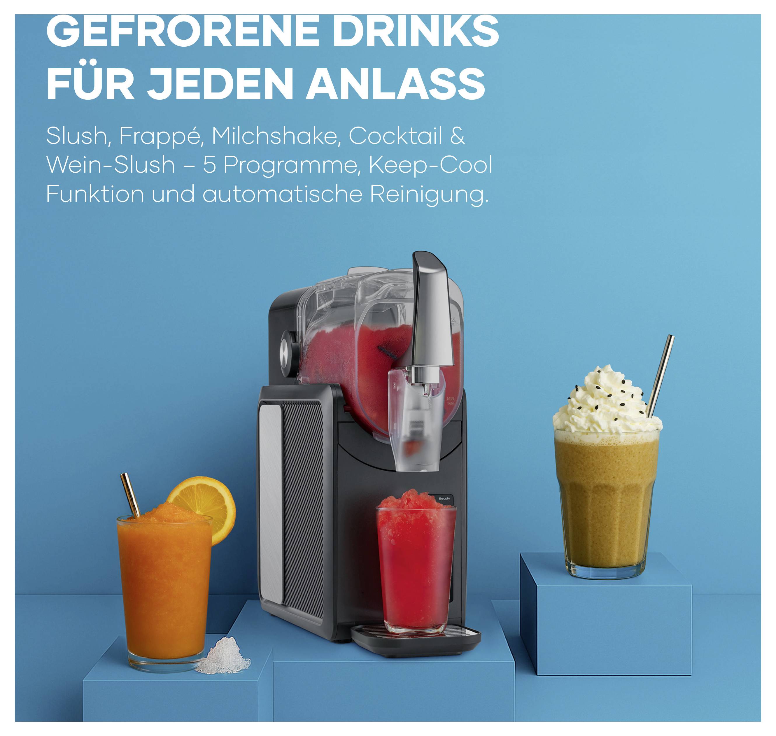 Werbeanzeige für ein Getränkegerät: 'Gefrorene Drinks für jeden Anlass' mit Slush, Frappé, Milchshake und Cocktail, fünf Programme, Keep-Cool-Funktion und automatischer Reinigung.