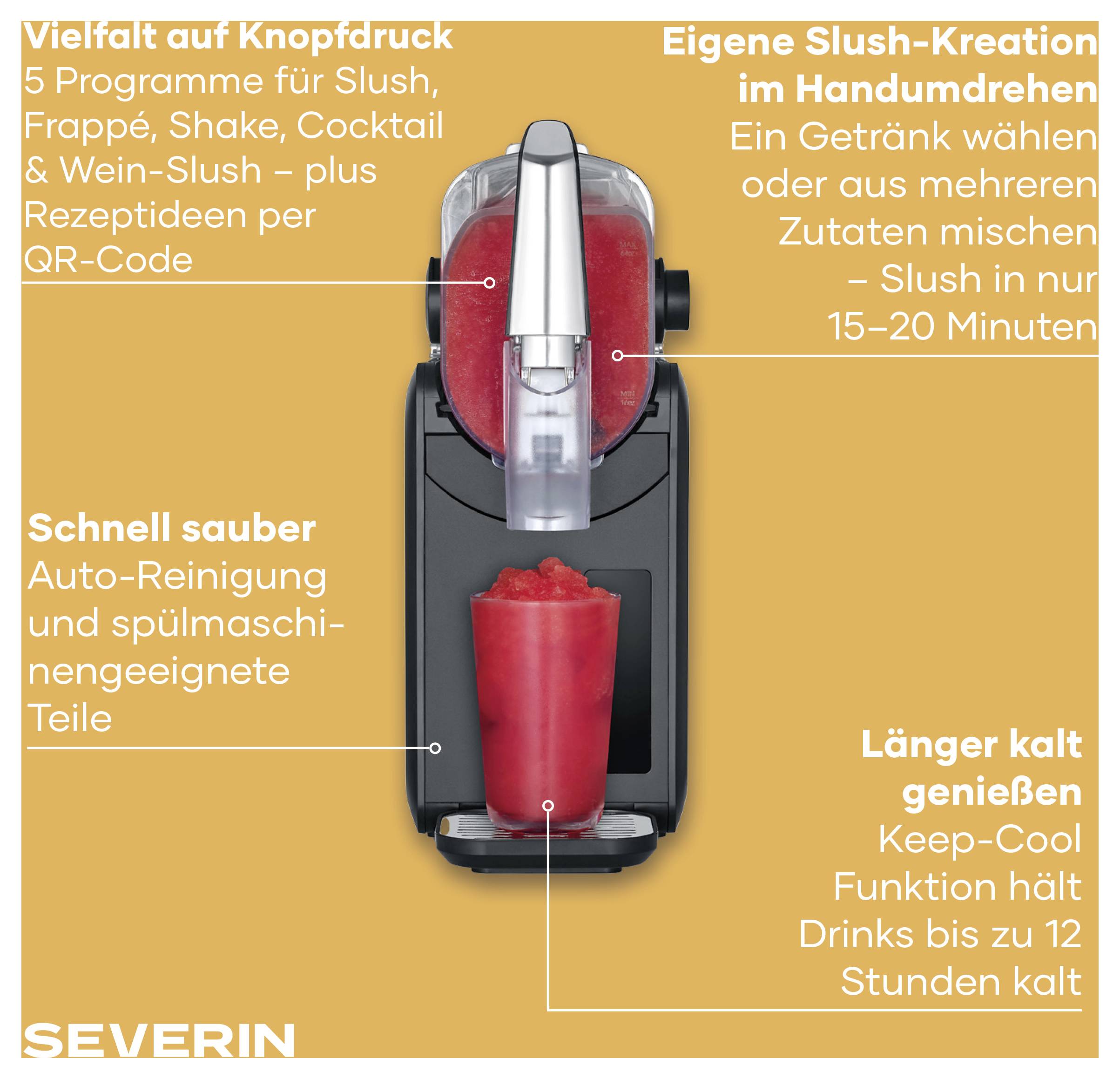 Werbegrafik eines Slush-Makers von SEVERIN mit vier Vorteilen: 5 Programme per QR-Code, eigene Slush-Kreationen in 15–20 Minuten, Selbstreinigung, Keep-Cool bis zu 12 Stunden.