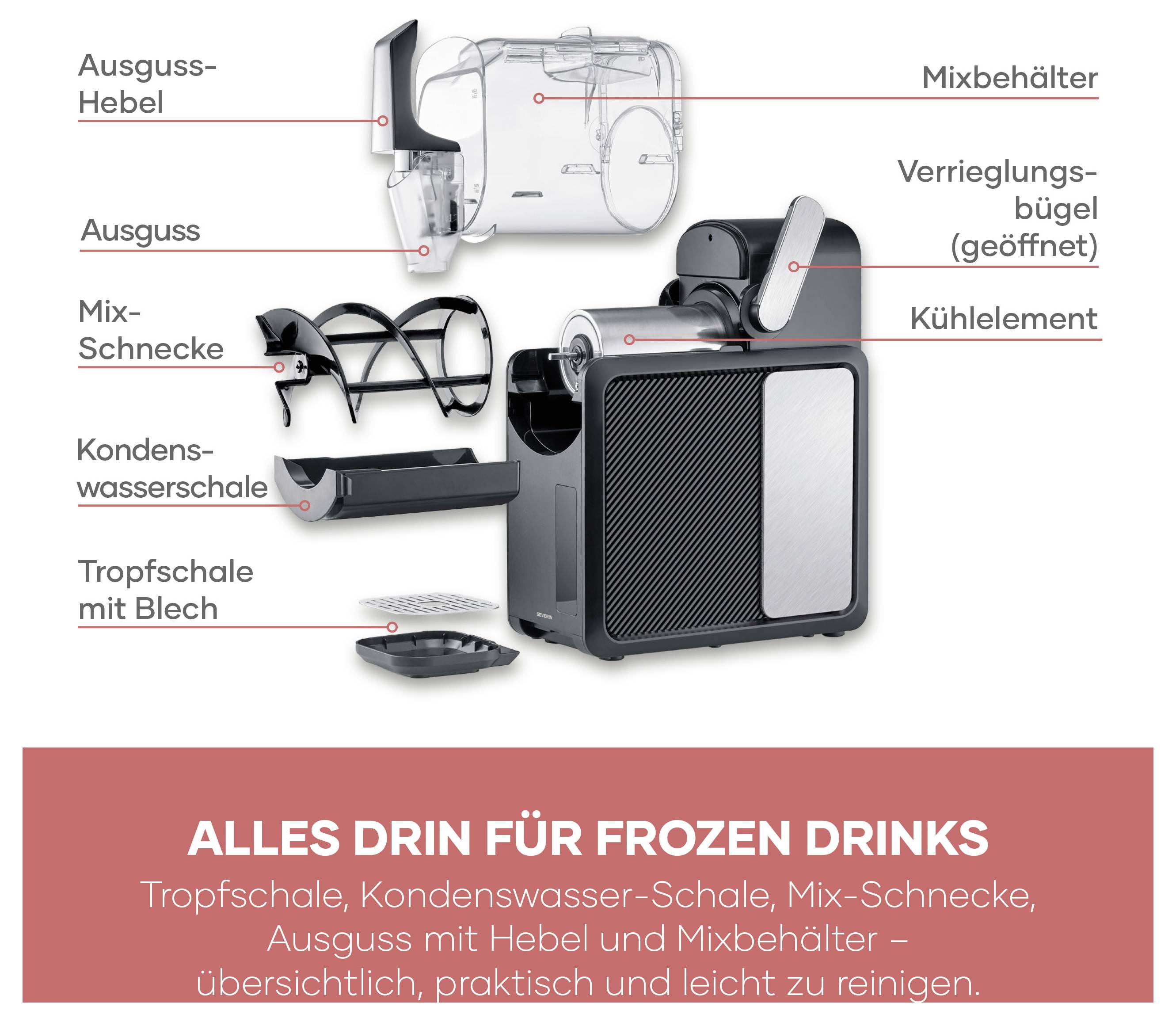Explosionszeichnung eines Frosten-Drink-Mixers mit beschrifteten Teilen wie Ausgusshebel, Mixschnecke, Kühlelement und Tropfschale; unten Slogan 'ALLES DRIN FÜR FROZEN DRINKS'.