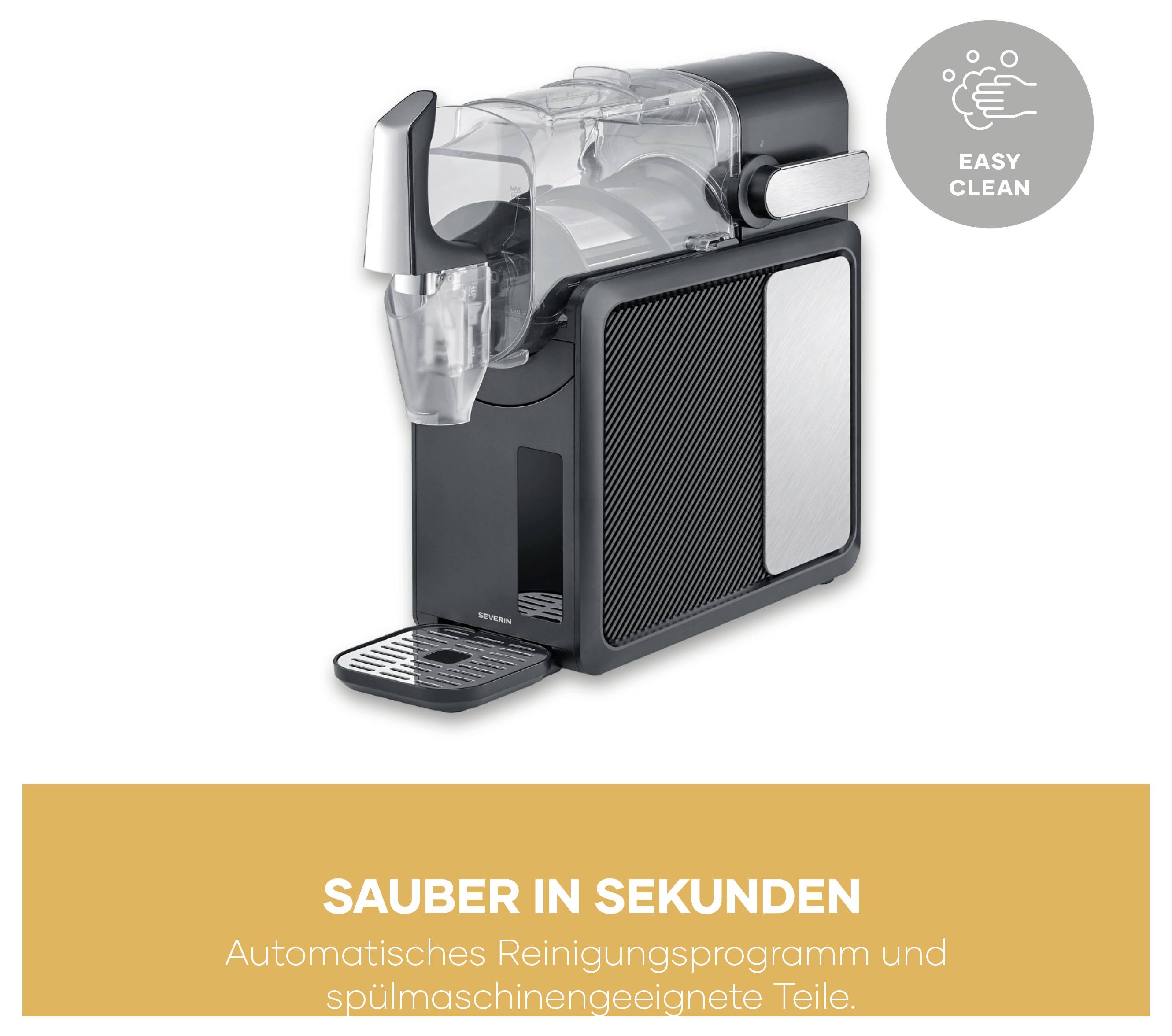 Getränkezubereiter mit transparentem Wassertank und Auslauf, Hinweis 'EASY CLEAN'; darunter Text: 'SAUBER IN SEKUNDEN' und automatisches Reinigungsprogramm.