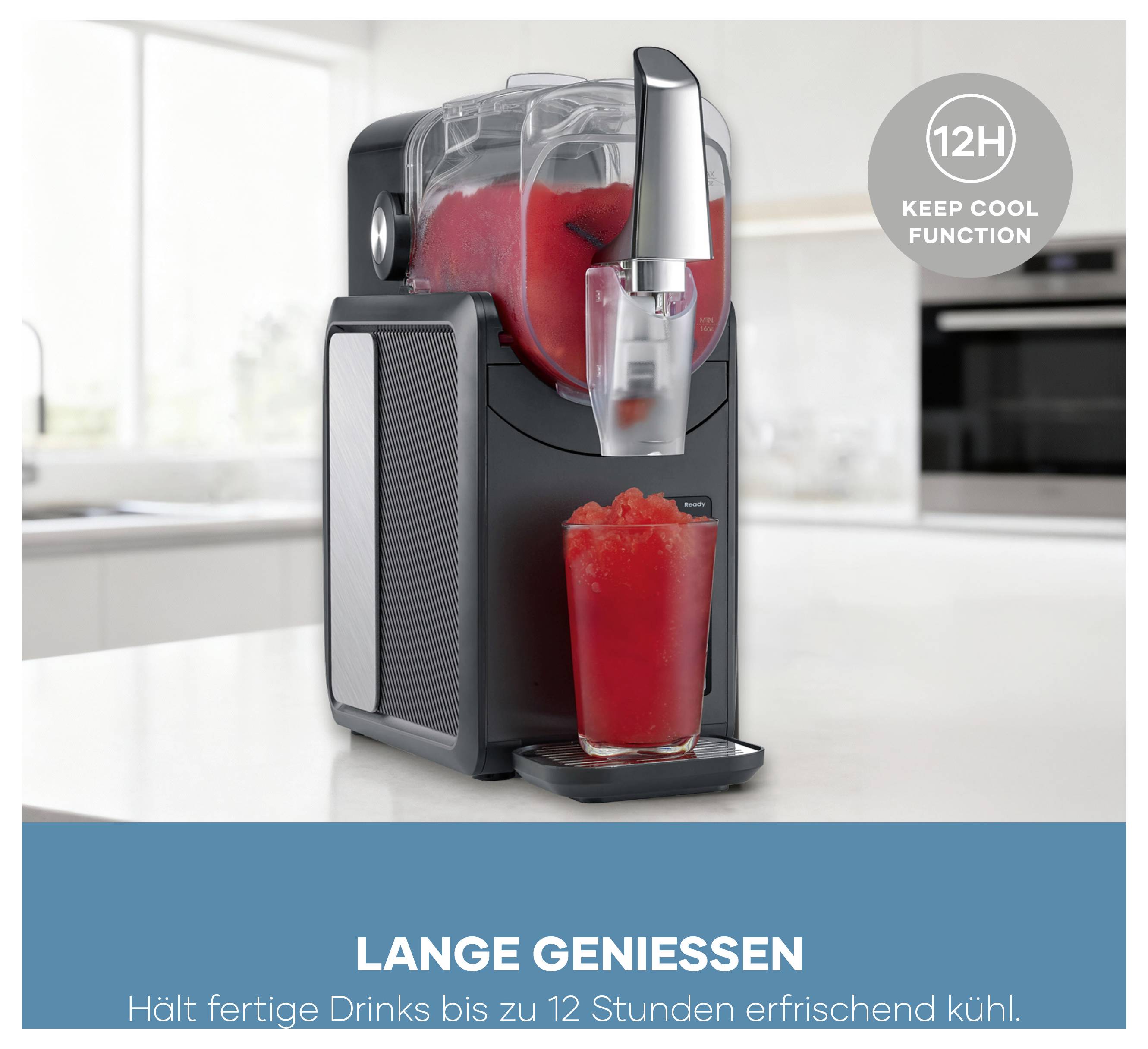 Slush-Eis-Maschine mit rotem Frozen Drink im Glas; Hinweis '12H KEEP COOL FUNCTION' und Text 'LANGE GENIESSEN' für bis zu 12 Stunden Kühlung.
