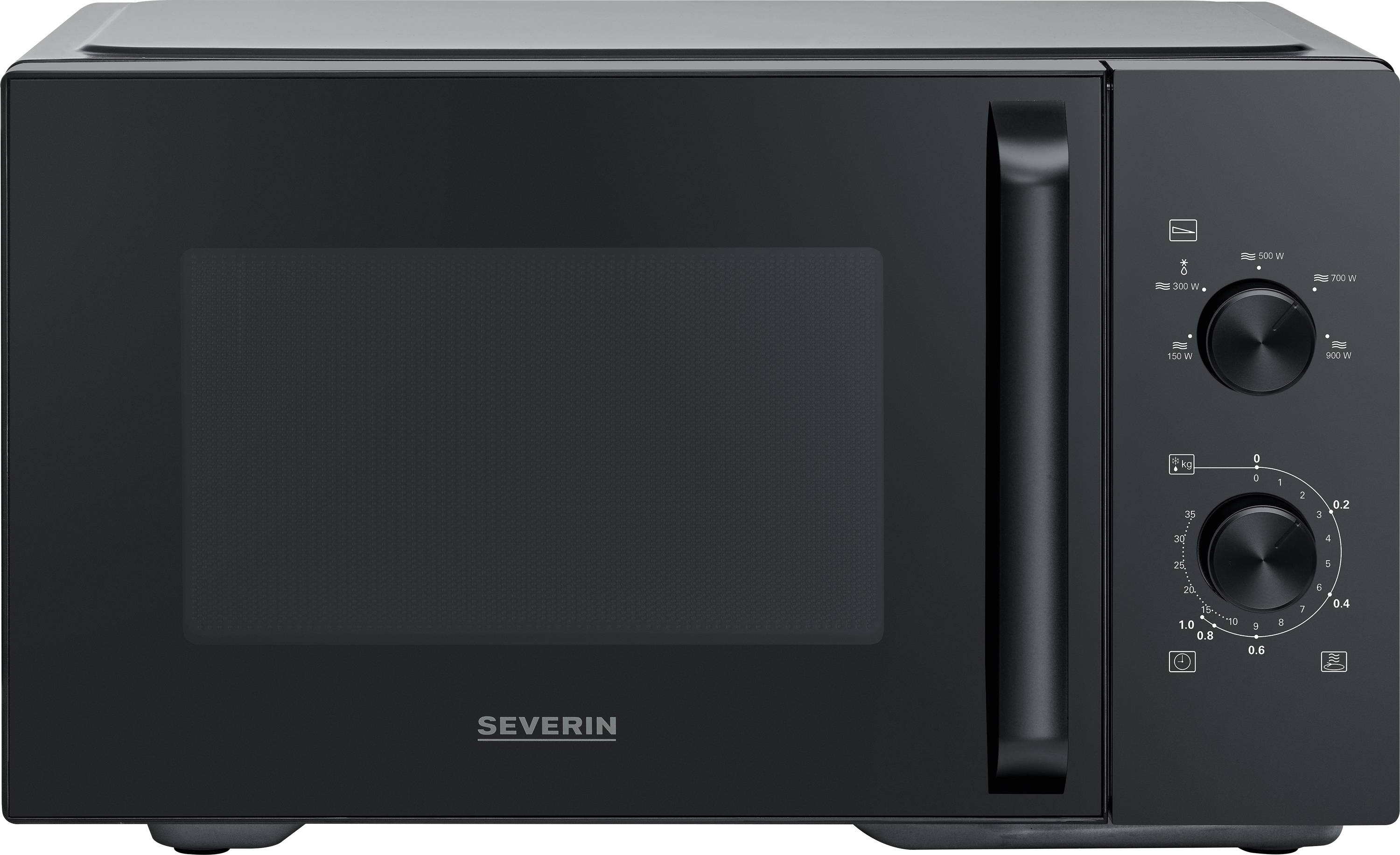 Ein schwarzer Mikrowellenherd mit einem Griff und zwei Bedienknöpfen auf der rechten Seite. Der Markenname „Severin