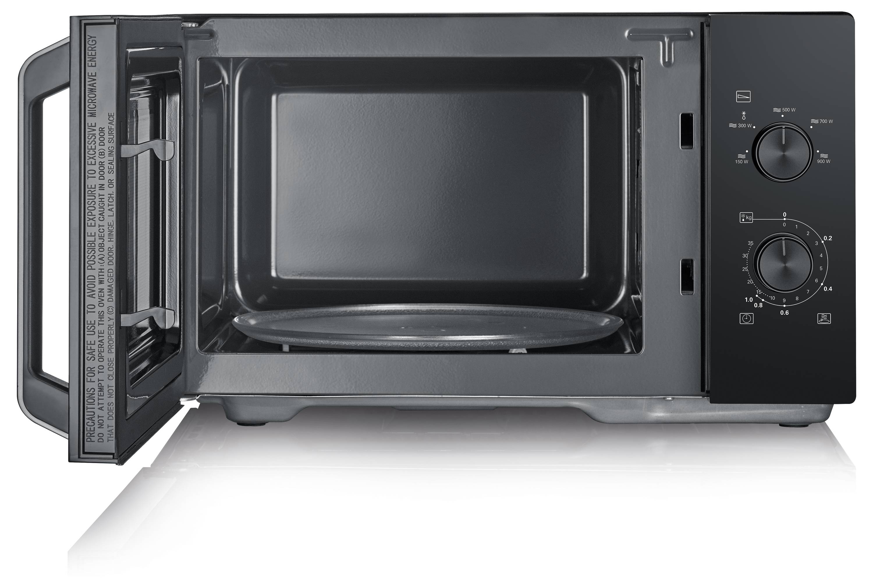 Ein offener Mikrowellenherd mit einem Drehteller im Inneren, von vorne betrachtet. Das Bedienfeld auf der rechten Seite verfügt über Tasten und einen Drehregler.