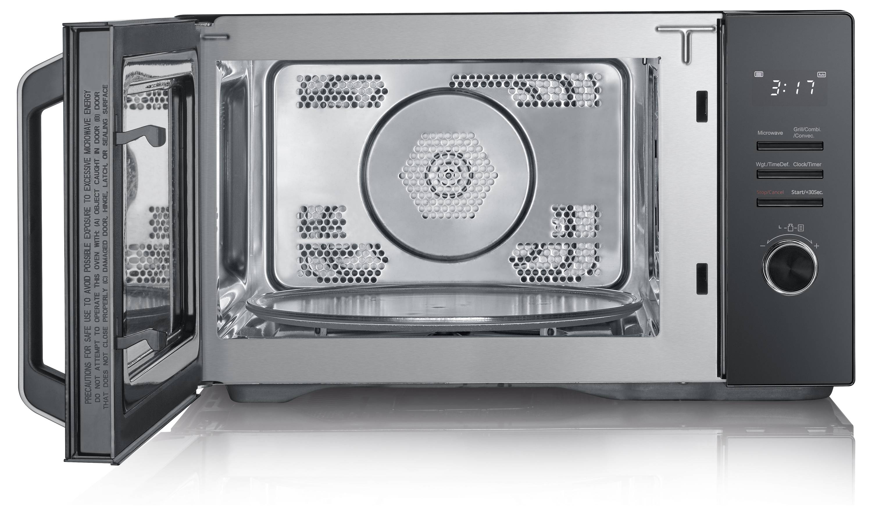 Ein Mikrowellenherd aus Edelstahl mit offener Tür, der sein Inneres zeigt. Das Bedienfeld auf der rechten Seite zeigt einen digitalen Timer.