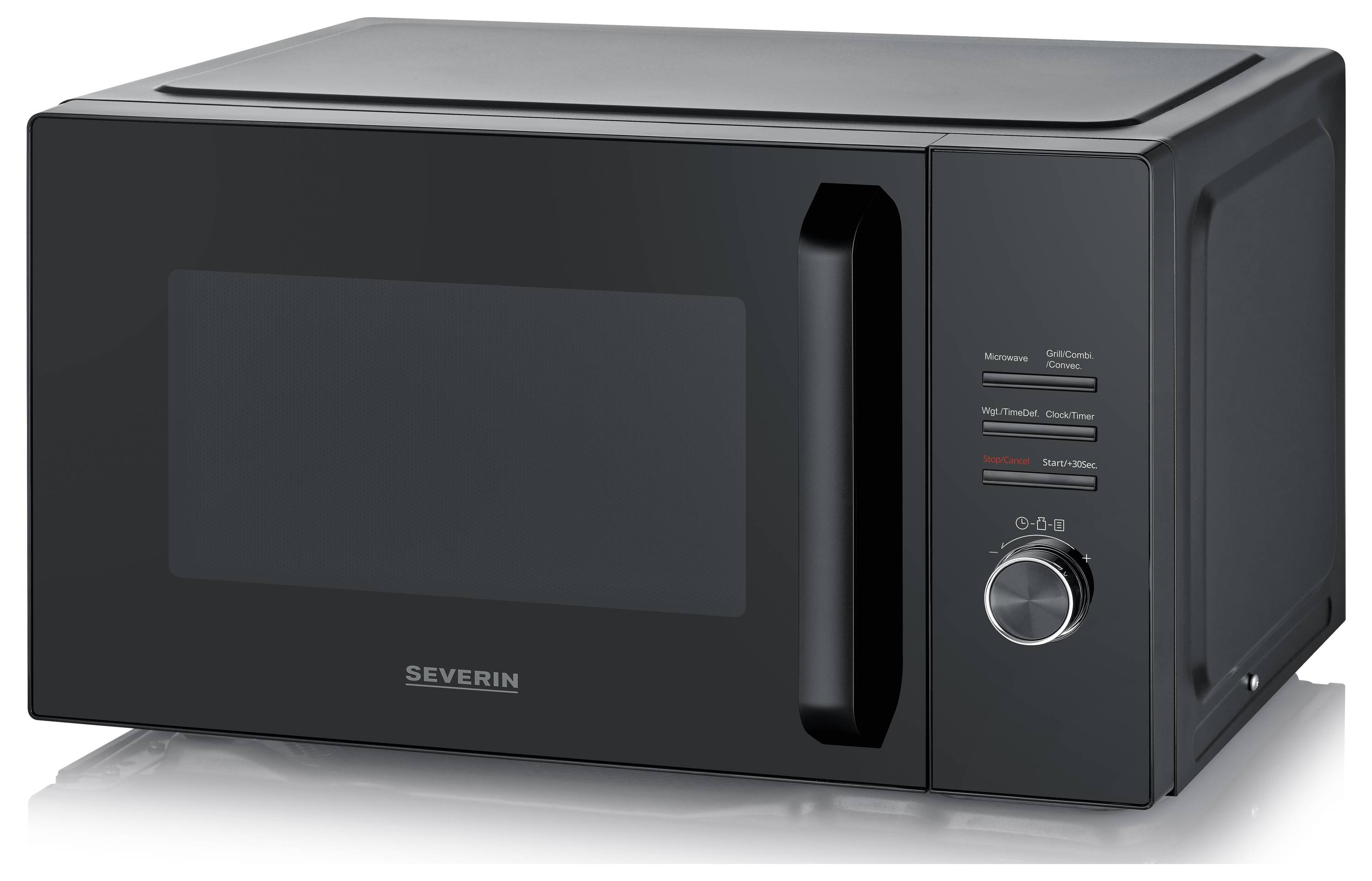 Ein schwarzer Mikrowellenherd mit digitaler Anzeige und Bedienknopf auf der rechten Seite. Der Markenname 