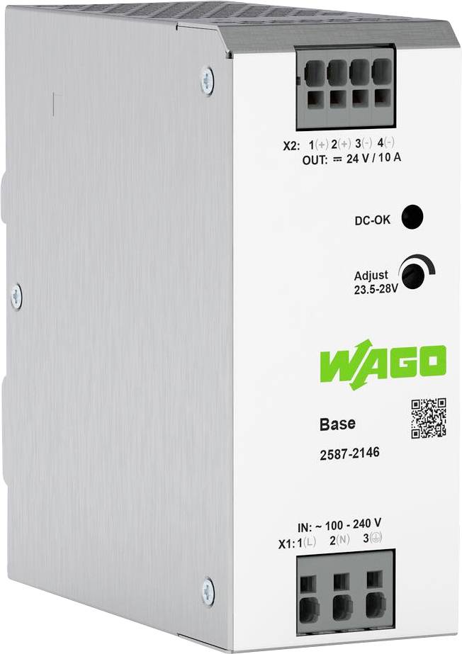 Stromversorgungseinheit mit Metallgehäuse, ausgestattet mit Eingangsklemmen (100-240V) und Ausgangsklemmen (24V/10A), Spannungsregler und 