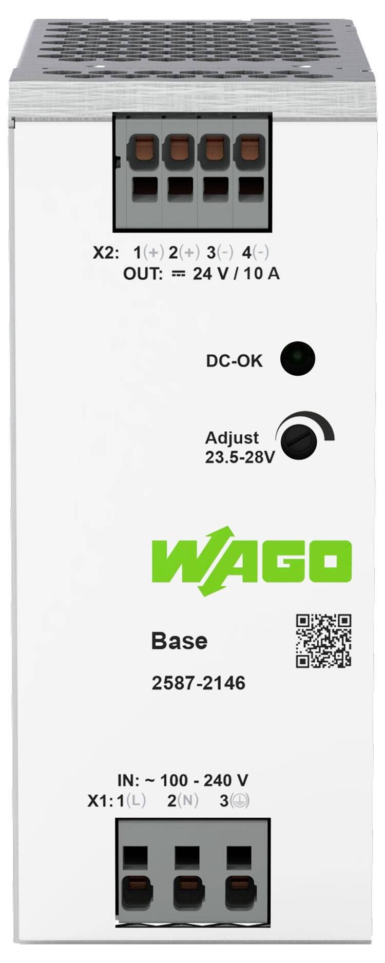 WAGO-Stromversorgungseinheit, Modell 2587-2146, Ausgang: 24V/10A, Eingang: 100-240V, einstellbarer Ausgang 23,5-28V, mit QR-Code auf der Vorderseite.