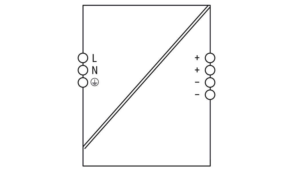 Schaltplan eines elektrischen Transformators. Links mit L und N für Eingang gekennzeichnet; rechts zeigt zwei Pluszeichen und zwei Minuszeichen für Ausgang.