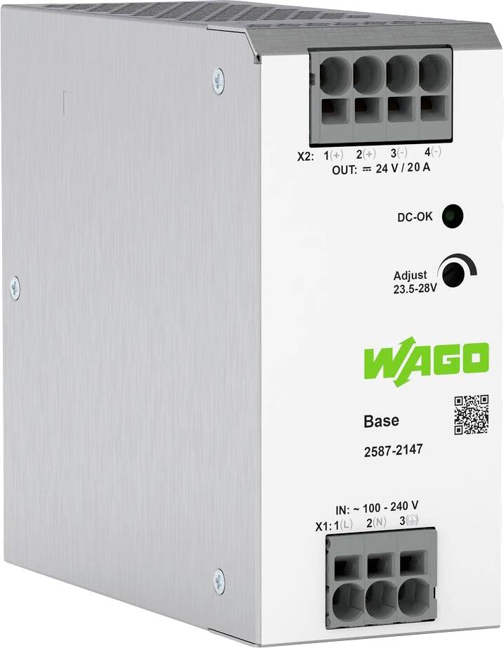 Rechteckiges metallisches Wago-Stromversorgungsmodul mit LED-Anzeige. Ausgänge 24V/20A. Einstellbare Spannung 23,5-28V. Eingänge 100-240V AC.