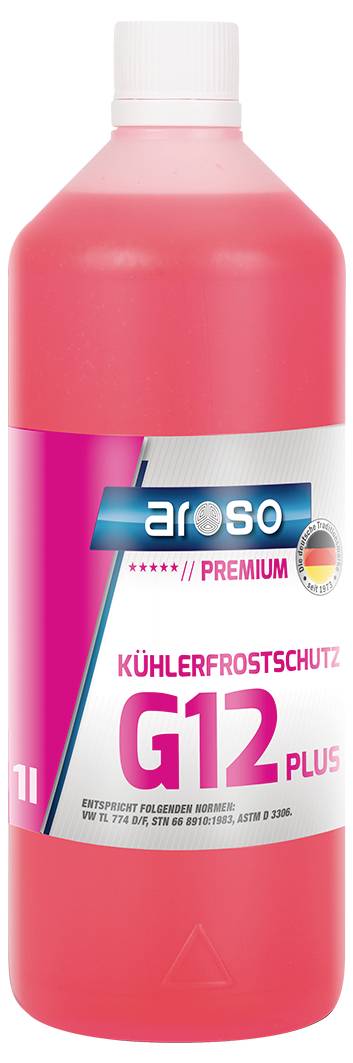 Rote Flasche des Kühlmittels der Marke 'Aroso' G12 PLUS mit deutschem Flaggensymbol, dient als Frostschutzmittel für Motoren von Fahrzeugen, um ein Einfrieren zu verhindern.