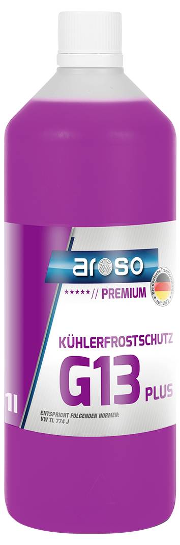 Eine rosafarbene Flasche mit der Bezeichnung „Aroso Premium Kühlerschutz G13 Plus