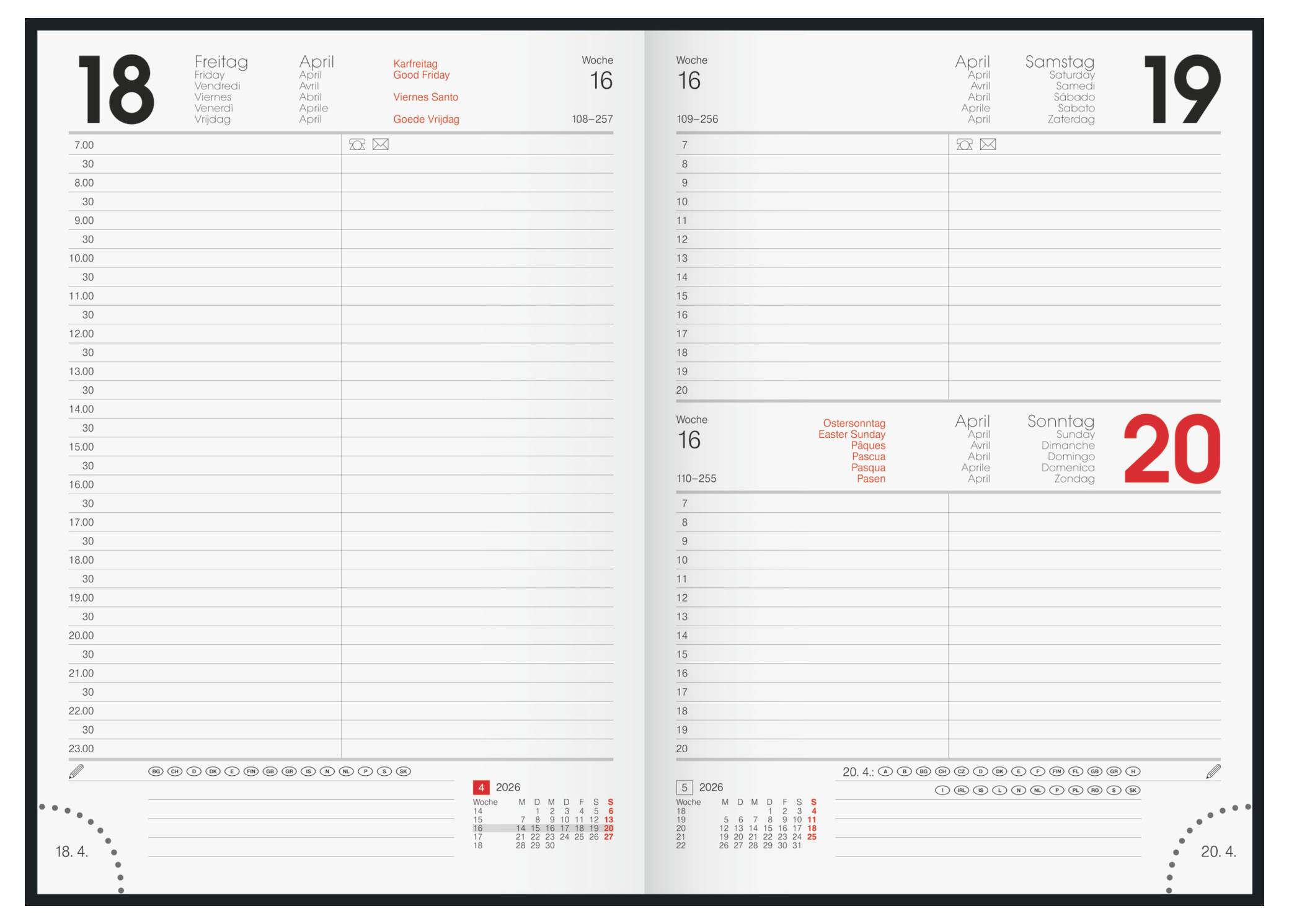 Offener Planer mit Anzeige der Daten 18. und 20. April 2015, mit detaillierten Stundenplanen und Kalenderansicht mit hervorgehobenen Daten.