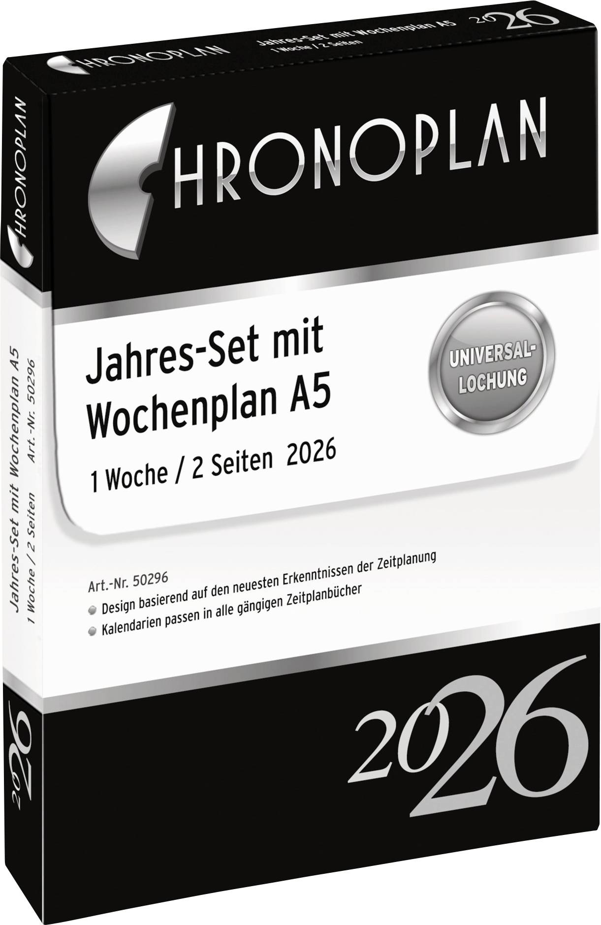 Chronoplan Jahres-Set mit Wochenplan A5 für 2026, mit einem Ein-Wochen-Zwei-Seiten-Layout und universeller Lochung für Planer.