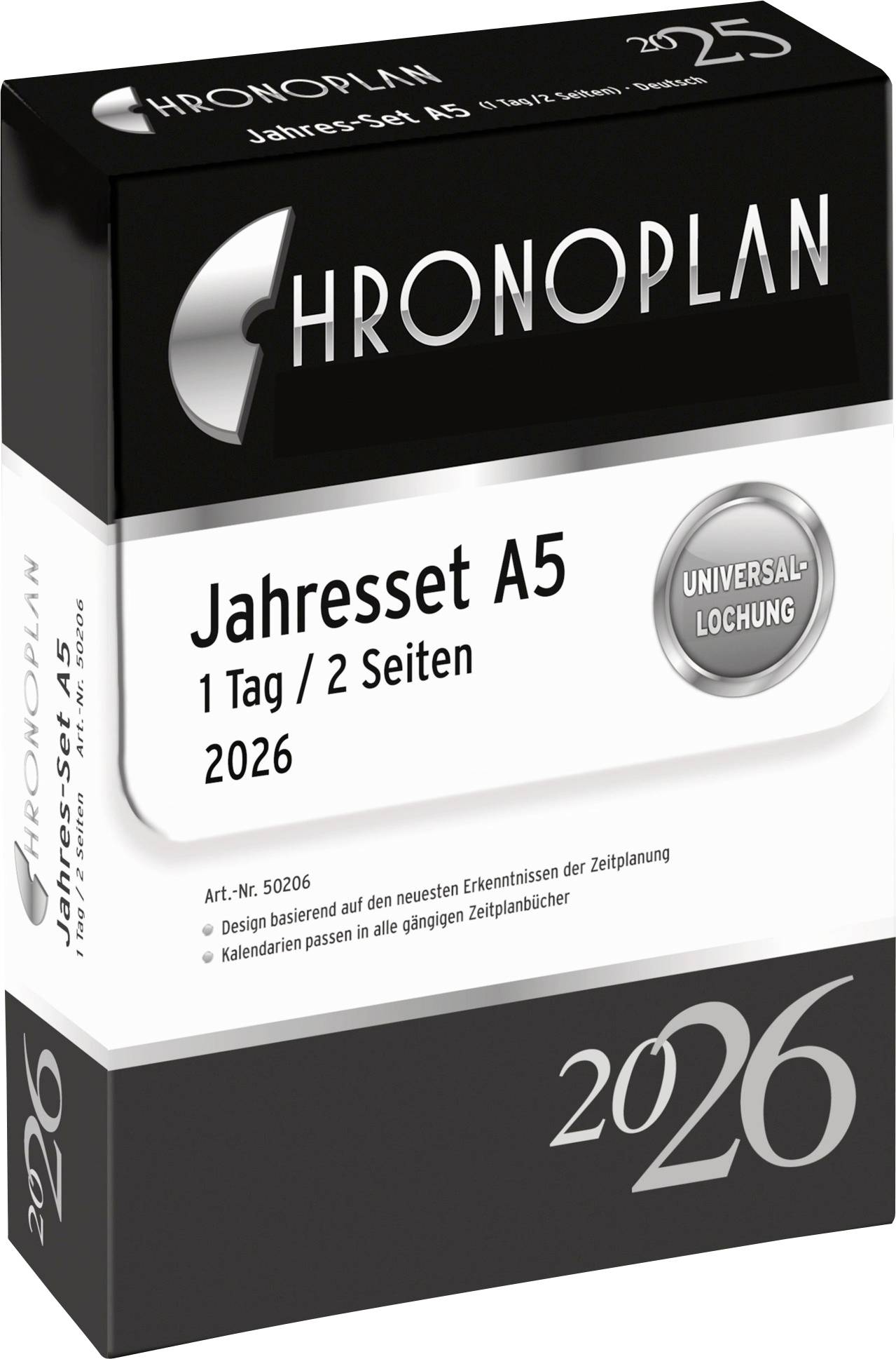 'Chronoplan Jahresset A5, 1 Tag/2 Seiten, 2026' Plannerbox mit universeller Lochung.