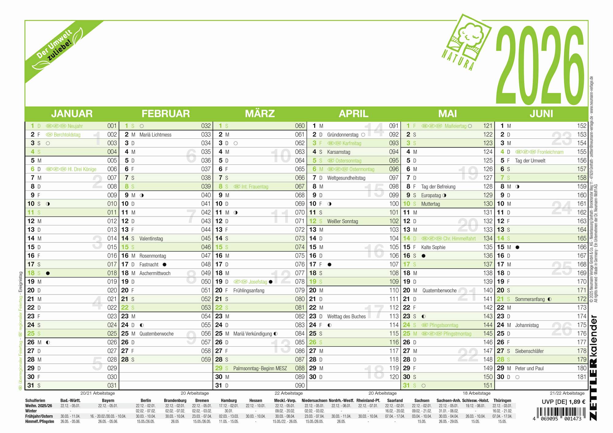 2026 Kalender mit den Monaten Januar bis Juni; beinhaltet Feiertage wie Neujahrstag und Ostermontag. Die Tage sind in einem Gitter organisiert.