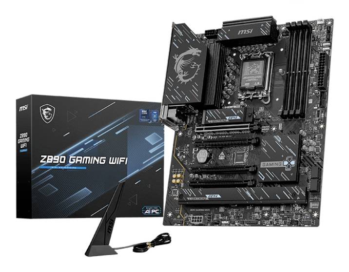 MSI Z890 Gaming WiFi-Motherboard mit Einzelhandelverpackung, schräg stehendem Displayständer und mitgeliefertem Kabel auf weißem Hintergrund.