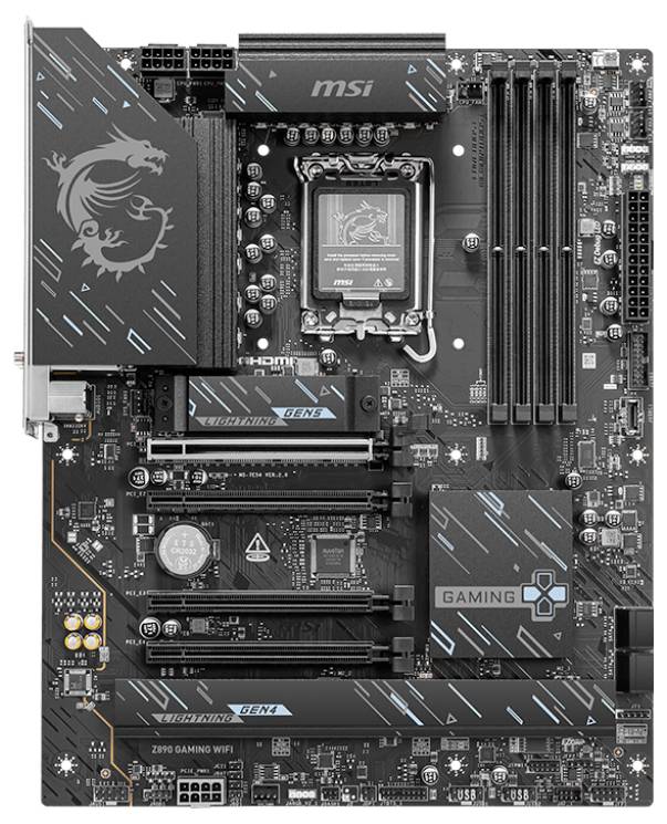MSI Gaming-Motherboard mit AMD AM4-CPU-Sockel, vier RAM-Steckplätzen, PCIe-Steckplätzen und Kühlkörpern für M.2, Chipset und Stromversorgung.