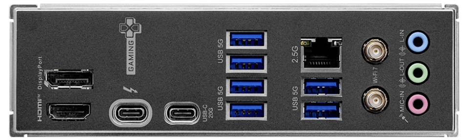 Rückwärtige E/A-Blende eines Gaming-Motherboards mit HDMI, DisplayPort, USB-Anschlüssen, Ethernet-Port, Audio-Buchsen und USB-C-Anschlüssen.