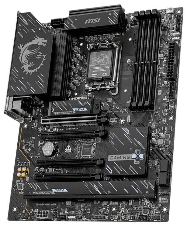 MSI Gaming-Motherboard mit AMD-CPU-Sockel, vier RAM-Steckplätzen, PCIe-Steckplätzen und Kühlkörpern auf einer schwarzen Leiterplatte.