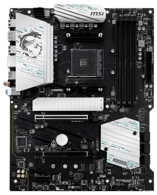 Draufsicht eines Gaming-Motherboards mit verschiedenen Anschlüssen, Steckplätzen und einem prominenten Markenlogo. Entworfen für High-Performance-Computing.