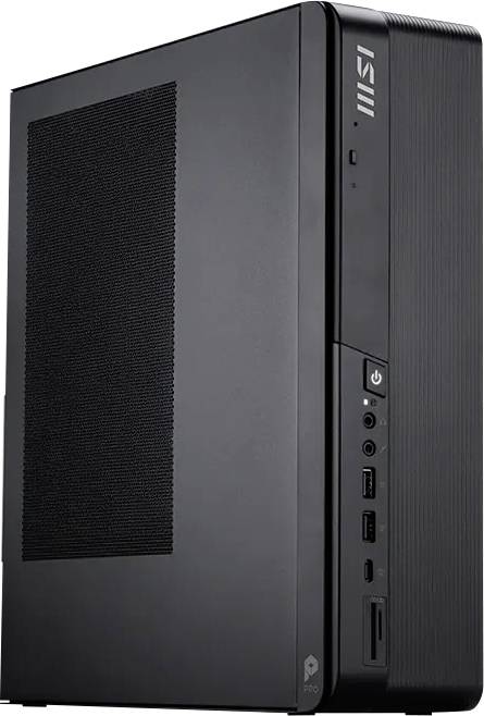 Schwarzer MSI Mini-PC-Tower in Dreiviertelvorderansicht gezeigt, mit sichtbarem vorderen Stromschalter, USB-Anschlüssen und Kopfhöreranschlüssen.
