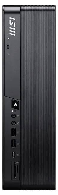 Vorderansicht eines schwarzen MSI-Desktop-PC-Gehäuses mit vertikal angeordneten Frontpanel-Steuerelementen, USB-Anschlüssen, Audio-Buchsen und Netztaste.