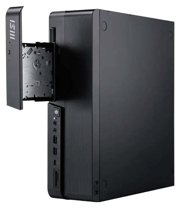 Schwarzer MSI-Desktop-Tower mit geöffnetem Frontblech, das die interne Laufwerkschacht und die vorderen Stromversorgung- und USB-Anschlüsse zeigt.