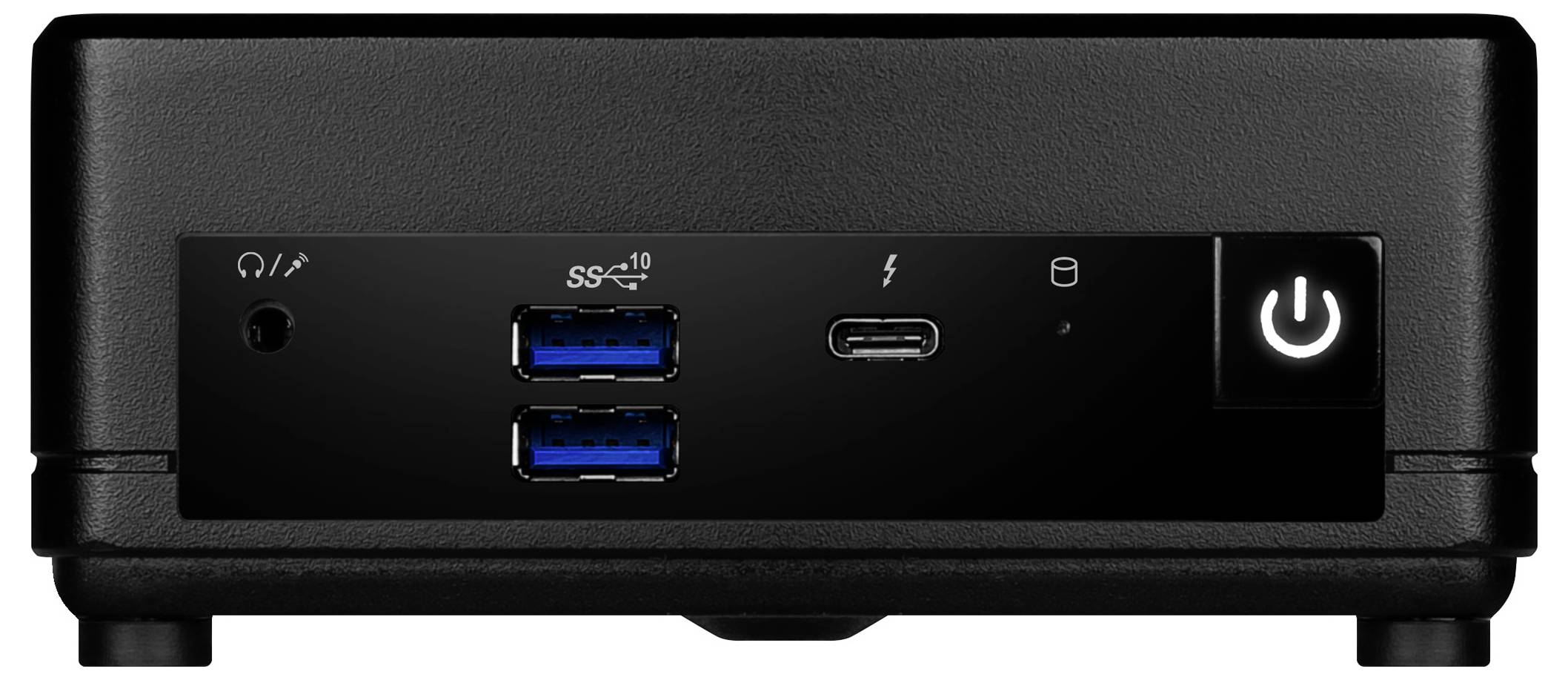 Vorderansicht eines kompakten schwarzen Computers mit zwei USB-3.0-Anschlüssen, einem USB-C-Anschluss, einer Kopfhörerbuchse, einem Netzschalter und einer LED-Anzeige.