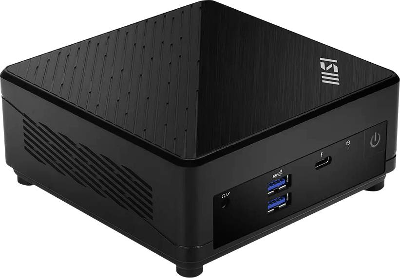 Kleiner schwarzer Mini-Desktop-Computer mit USB-C-Anschluss an der Vorderseite und zwei USB-A-Anschlüssen, Ein-/Ausschalter und Markenlogo oben.