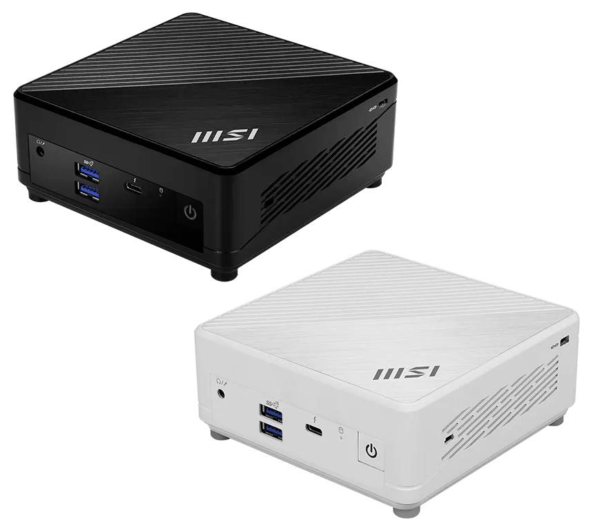 Zwei MSI Mini-PCs in Schwarz und Weiß dargestellt, kompakte quadratische Desktops mit vorderen USB-Anschlüssen und Schaltern auf weißem Hintergrund.