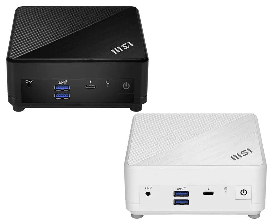 Zwei MSI Mini-Desktop-PCs, einer in Schwarz und einer in Weiß, dargestellt in Front- und Draufsicht mit sichtbaren USB-Anschlüssen und Ein-/Ausschaltern.