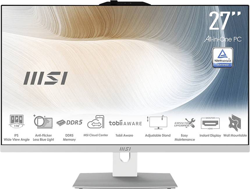 MSI 27-Zoll All-in-One-PC-Monitor mit TÜV Rheinland-Zertifizierung und Funktionssymbolen für breiten Betrachtungswinkel, Anti-Flicker, DDR5, Cloud-Center, verstellbaren Ständer und Wandmontage.